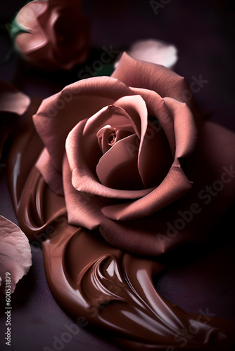 Chocolate color rose closeup lying on the liquid chicilate. AI generated photo