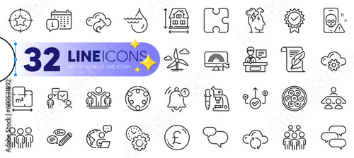 Outline set of Hydroelectricity, Star target and Exhibitors line icons for web with Outsource work, Calendar, Interview job thin icon. Chat message, Lgbt, Microscope pictogram icon. Vector