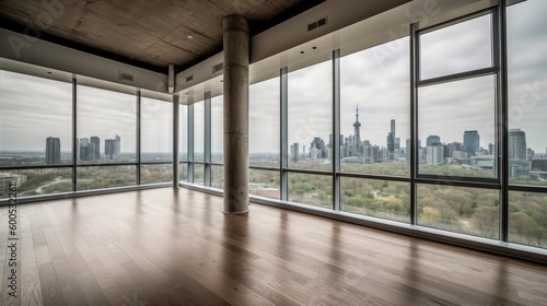 Floor-to-ceiling windows with cityscape view. AI generated
