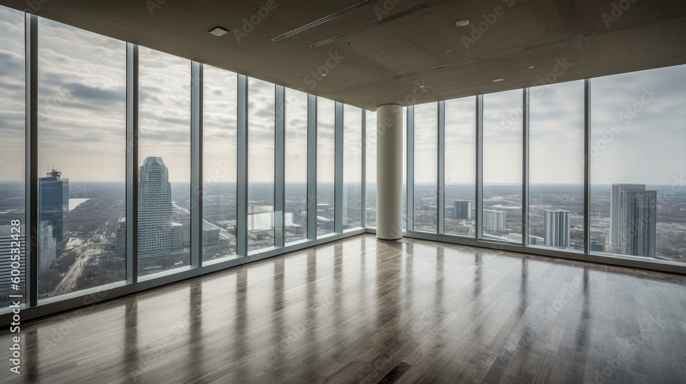 Floor-to-ceiling windows with cityscape view. AI generated Floor-to-ceiling windows with cityscape view. AI generated