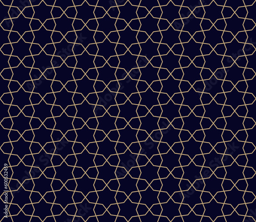 Abstract geometric seamless pattern in traditional Islamic style. Golden ornament with thin lines, oriental mosaic, subtle grid. Gold and black ornamental background. Traditional modern geo design
