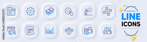 Change money, Card and Column chart line icons for web app. Pack of Buying currency, Loyalty star, Payment exchange pictogram icons. Checked calculation, Business target, Dollar signs. Vector