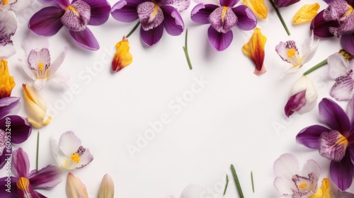 Crocus and orchid flowers border decor banner with free copy space on white background © bazusa