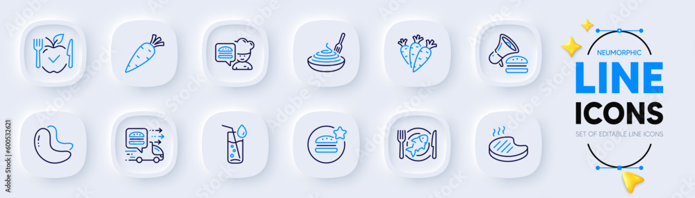 Seafood, Carrots and Chef line icons for web app. Pack of Grilled steak, Vegetarian food, Best food pictogram icons. Pasta dish, Water glass, Carrot signs. Cashew nut, Burger. Vegetables. Vector