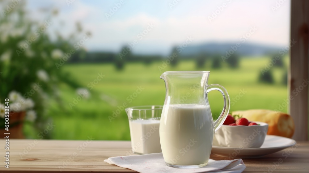 jug with milk with fresh fruits on kitchen table jug with milk with fresh fruits on kitchen table
