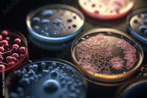 Healthcare and medicine concept. Various and colorful virus or bacteria cells in a scientific laboratory petri dish. Close-up view. Generative AI
