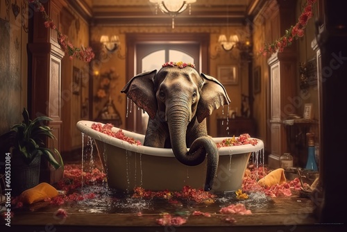 Elephant taking a bath in a bathtub, ai generative 