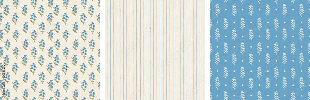 exquisite floral decor in blue tones. blue flowers, stripes and twigs hand drawn seamless pattern. patterns for a cozy kitchen.