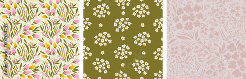 bright flowers scattered randomly. collection of hand drawn seamless patterns. eco background with small flowers and buds. set of endless luxury patterns.