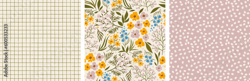 set of elegant floral seamless backgrounds. botany endless illustration. twigs and flowers, checkered background, background with dots. delicate flowers for cover, fabric and poster.