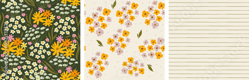 endless flowering meadow. summer background with flowers. a selection of endless patterns for fabric and wallpaper. marigolds, white flowers and leaves.