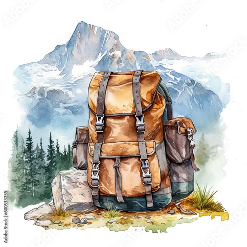 Watercolor picture of an outdoor backpack in front of a mountain scenery