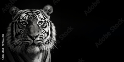 Black and white photorealistic studio portrait of a Tiger on black background. Generative AI illustration