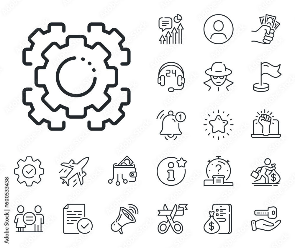 Settings cogwheel sign. Salaryman, gender equality and alert bell outline icons. Seo gears line icon. Traffic management symbol. Seo gear line sign. Spy or profile placeholder icon. Vector Settings cogwheel sign. Salaryman, gender equality and alert bell outline icons. Seo gears line icon. Traffic management symbol. Seo gear line sign. Spy or profile placeholder icon. Vector