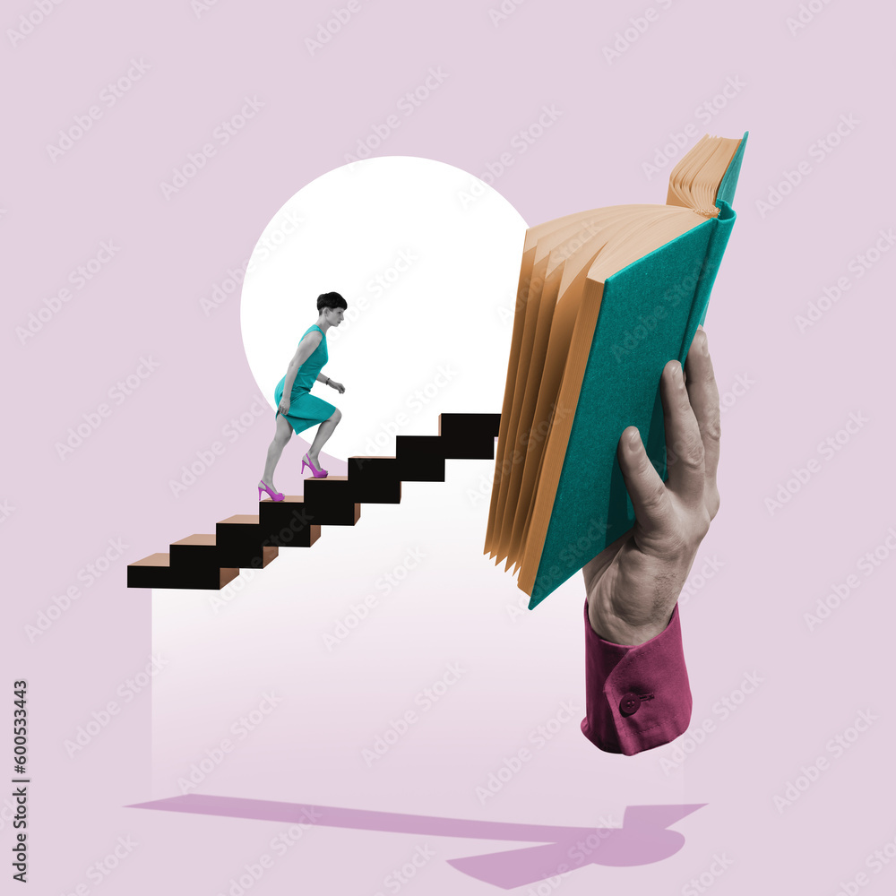 The woman climbs the stairs to the open book. Art collage. The woman climbs the stairs to the open book. Art collage.