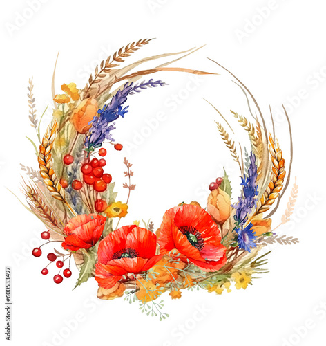 wreath with flowers, wreath with poppy  andWheat ears photo