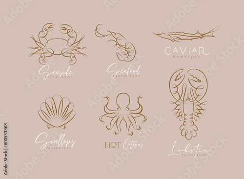 Filigree swirl sea and ocean creatures crab, shrimp, sturgeon, shell, octopus, lobster labels with lettering drawing on brown background