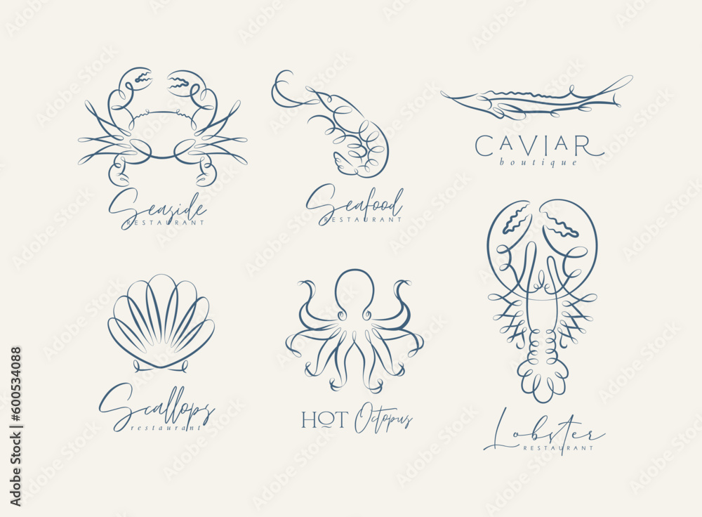 Filigree swirl sea and ocean creatures crab, shrimp, sturgeon, shell, octopus, lobster labels with lettering drawing on grey background