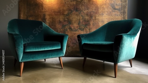 Mid-century modern armchairs in velvet fabric. AI generated