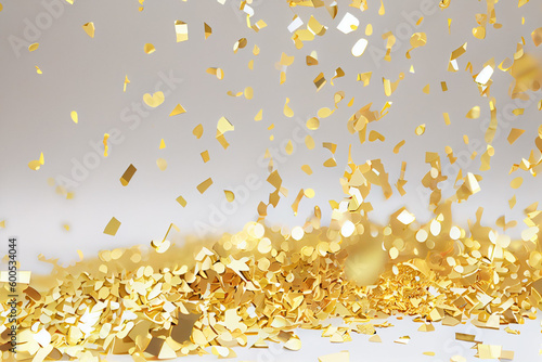 Golden Tiny Confetti And Streamer Ribbon Falling On White Background. Illustration. Happy Birthday. Generative AI