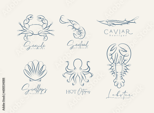 Obraz na płótnie Filigree swirl sea and ocean creatures crab, shrimp, sturgeon, shell, octopus, lobster labels with lettering drawing on grey background w salonie