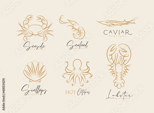 Filigree swirl sea and ocean creatures crab, shrimp, sturgeon, shell, octopus, lobster labels with lettering drawing on beige background