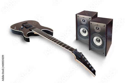 electric guitar and audio speakers on white