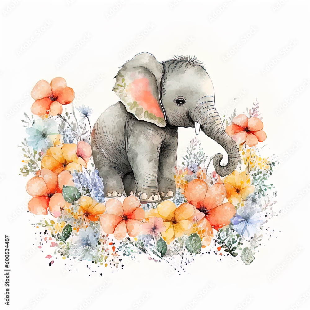 elephant baby with a flower (watercolor, AI generated - FREE copyright)