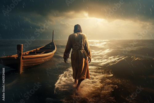 Jesus Christ portrait on the lake. Generative AI illustration