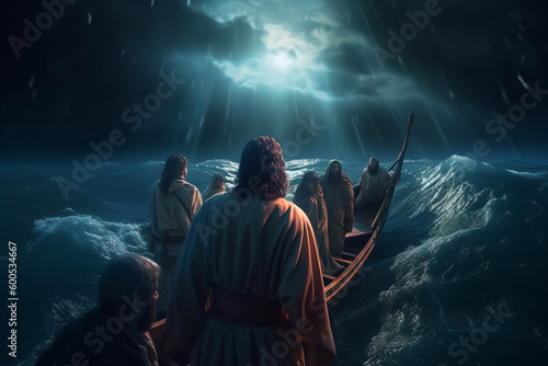 Jesus Christ portrait on the lake. Generative AI illustration