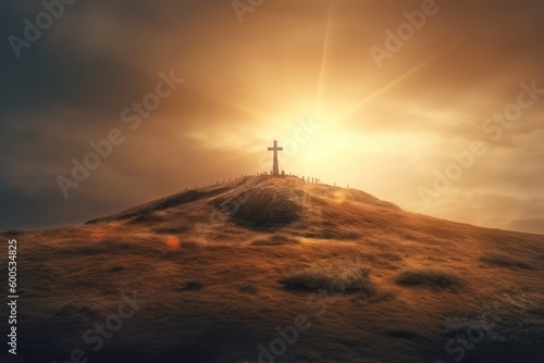 Cross on a hill with sunrays behind it