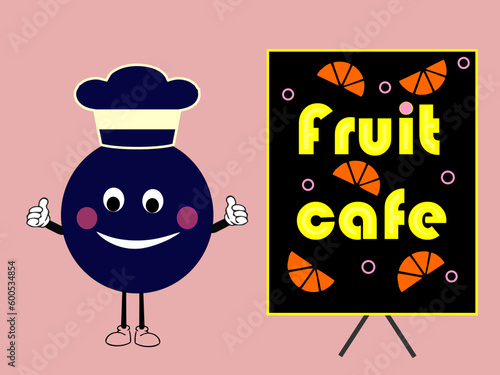 Currant in a cap invites you to a fruit cafe. Vector.