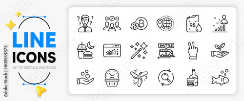 Magic wand, Helping hand and Support consultant line icons set for app include World travel, Search, Web traffic outline thin icon. Squad, Night eat, Last minute pictogram icon. Vector