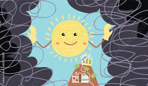 The cartoon sun parted the black clouds over the houses with his hands.Buildings on the mountain with trees. Colorful print on fabric and paper.Vector flat illustration on a blue background.