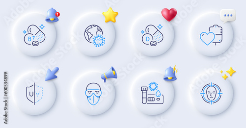 Blood, Medical mask and Vitamin d line icons. Buttons with 3d bell, chat speech, cursor. Pack of Uv protection, Covid test, Face detect icon. Coronavirus pandemic, Biotin vitamin pictogram. Vector