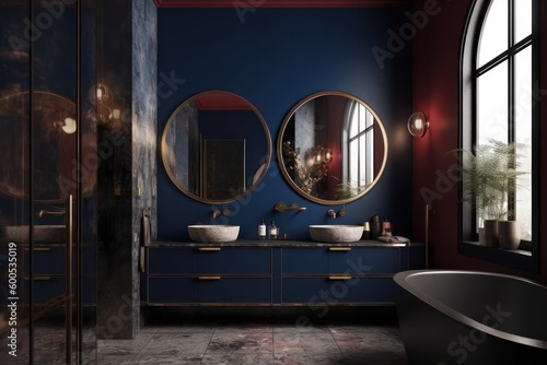 Captivating 3D Render of a Designer Bathroom with Luxurious Accents and Illuminated Mirror Lights..