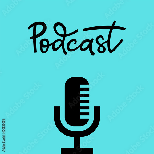 Podcast with microphone on blue background