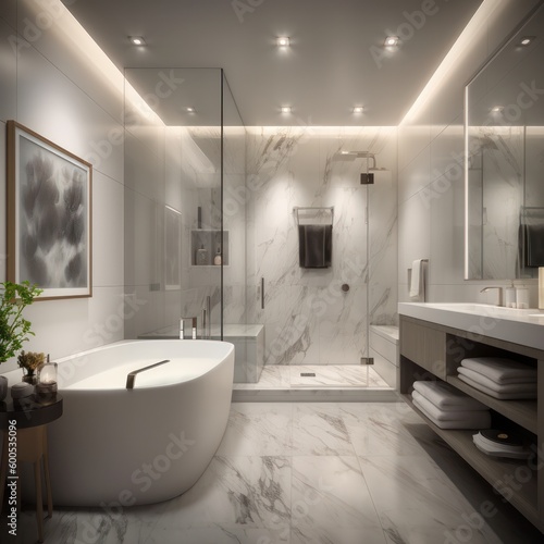 Lavish Marble Bathroom Oasis with Twin Vanities  Freestanding Tub  and Modern LED Lighting..