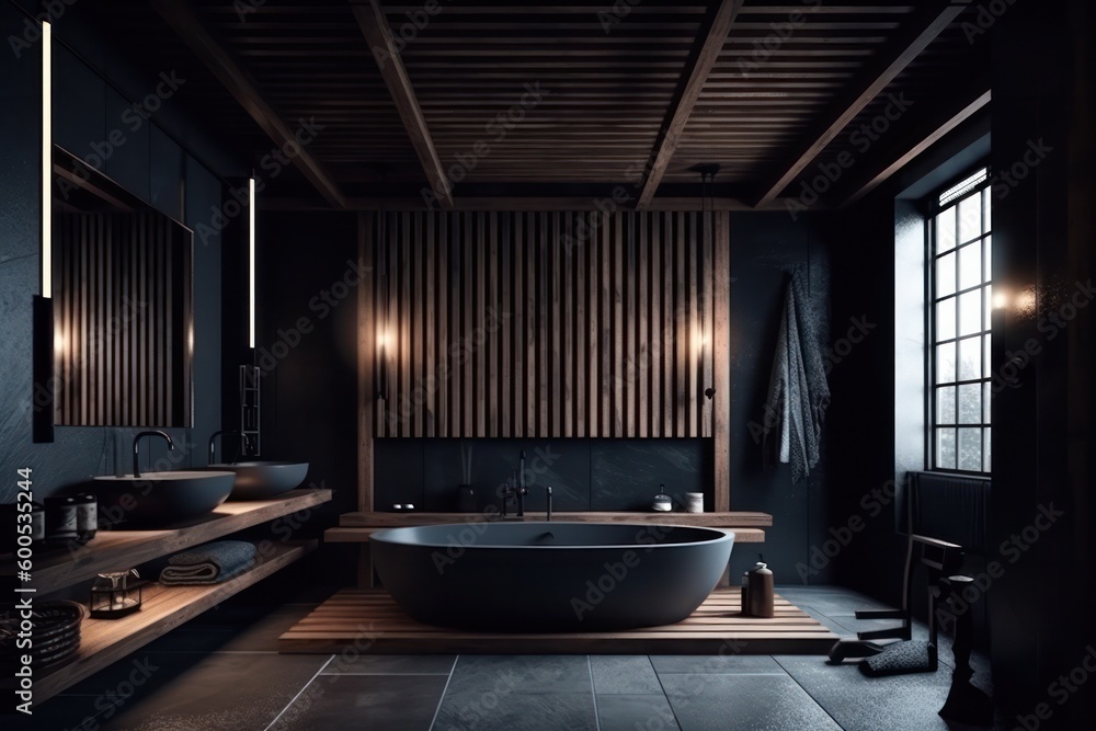 Designer Marble Bathroom: A Serene black and wood bathroom with Upscale Amenities.. - obrazy, fototapety, plakaty 
