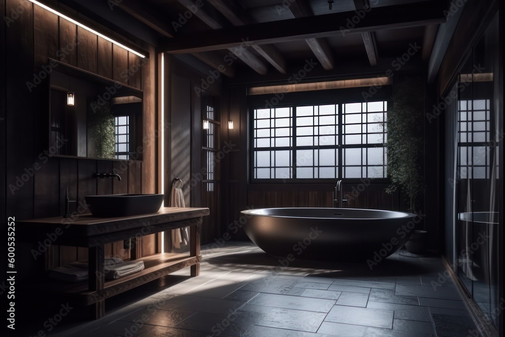 Designer Marble Bathroom: A Serene black and wood bathroom with Upscale Amenities.. Designer Marble Bathroom: A Serene black and wood bathroom with Upscale Amenities..