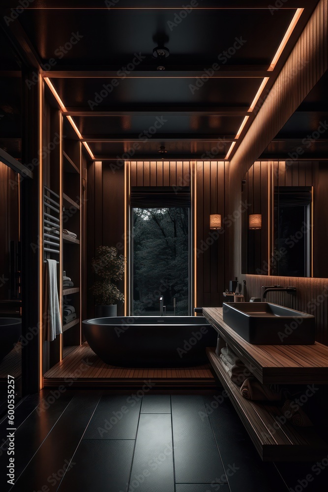 Designer Marble Bathroom: A Serene black and wood bathroom with Upscale Amenities.. Designer Marble Bathroom: A Serene black and wood bathroom with Upscale Amenities..