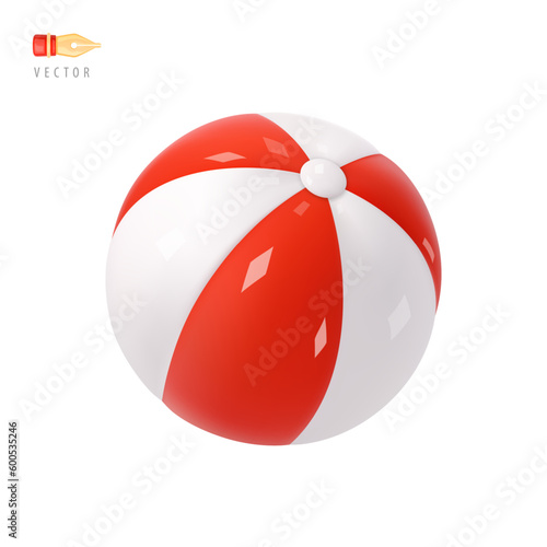 Fitness Ball. Beach Ball. Equipment for active recreation. White and red striped Beach Ball Sign. Object isolated on white. Realistic cartoon 3d icon. Emoticon Design Clip Art. Emoji Icon. Vector