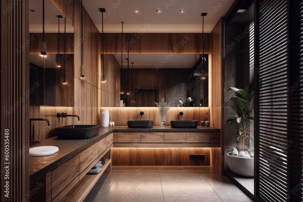 Fototapeta premium Luxurious wooden elements in Bathroom with Designer furniture and Nature-Inspired Aesthetics. LED lighting and black sink..