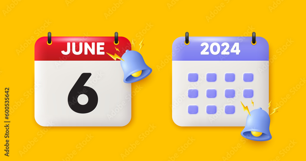 Calendar date 3d icon. 6th day of the month icon. Event schedule date. Meeting appointment time. 6th day of June month. Calendar event reminder date. Vector Calendar date 3d icon. 6th day of the month icon. Event schedule date. Meeting appointment time. 6th day of June month. Calendar event reminder date. Vector