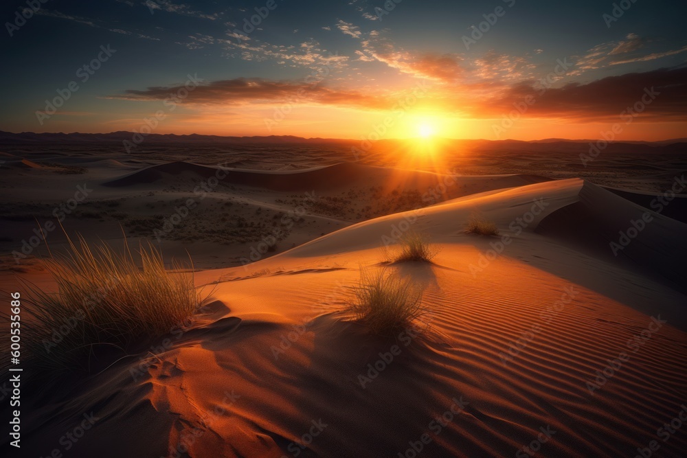 Sand dunes at sunset, with the sun setting behind them, against a fiery sky, with a sense of natural beauty and awe. Generative AI