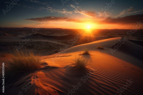 Sand dunes at sunset  with the sun setting behind them  against a fiery sky  with a sense of natural beauty and awe. Generative AI