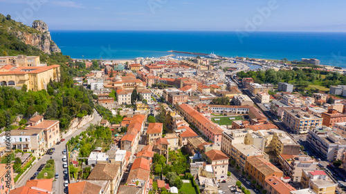 Aerial view of the port of Terracina, in the province of Latina, Italy. In foreground is the town of Terracina.
