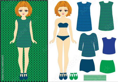 Fashionable collection of clothes for paper dolls. Knitted background in shades of Classi green. Fashion show. Advertising. Cut out of paper. Creativity for children. Flat digital vector illustration  photo