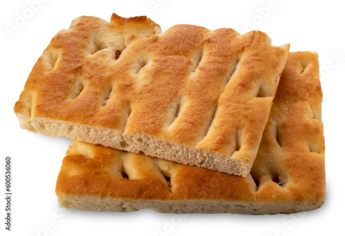 Genoese focaccia, Italian flat bread with salt and olive oil, two square pieces isolated