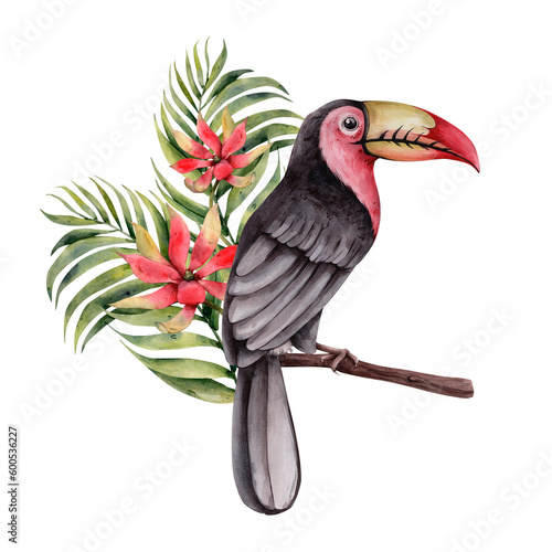 Hand Drawn Watercolor Tropical Clipart. Tropic Toucan Bird with Flowers Botanical Illustration. Sublimation Perfect for printing. Palm, Monstera Leaves, Protea Flower Tropical Composition